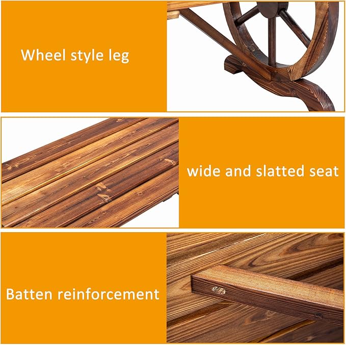 Outvita Wooden Garden Bench, Outdoor Rustic Wagon Wheel Bench - Image 5