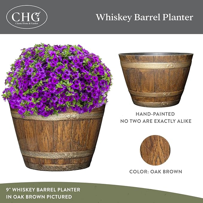 Classic Home and Garden Outdoor Round Whiskey Resin Flower Pot Barrel Planter - Image 2