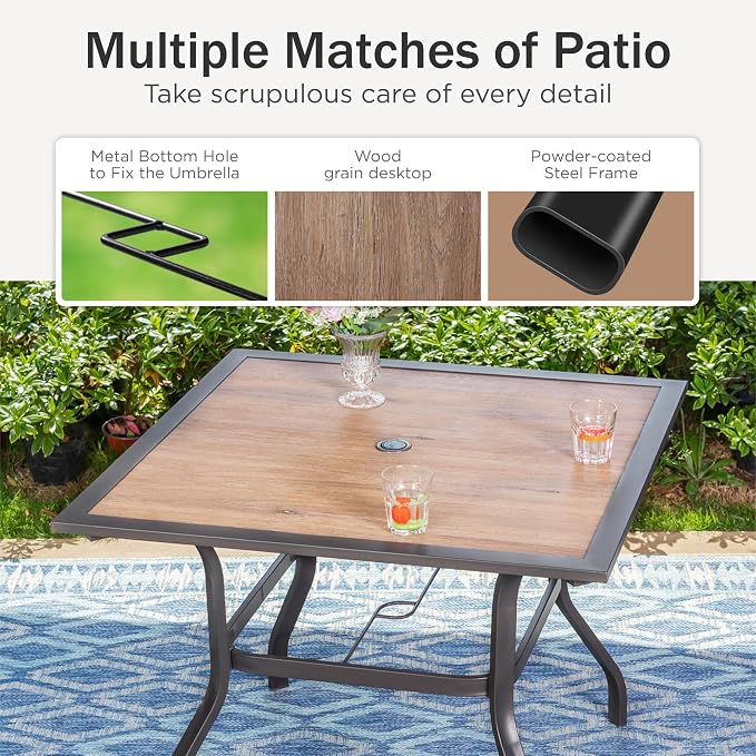PHI VILLA 5 Piece Outdoor Dining Set, PVC Wooden-Like Square Table - Image 2