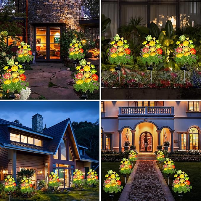 Kohlrabi Solar Garden Lights Outdoor, Upgraded 4 Pack Succulent Solar Lights - Image 6