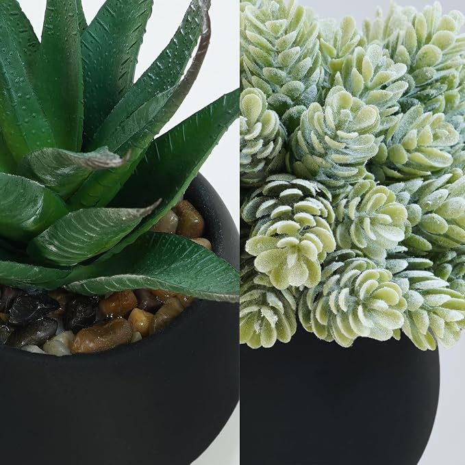 Winlyn Set of 3 Artificial Succulent Plants in Black Concrete Pots Faux Aloe - Image 3