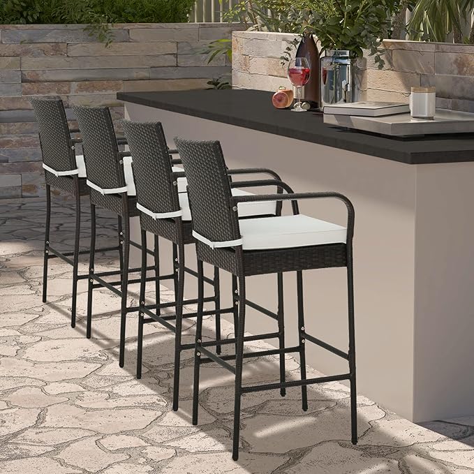 COSTWAY Wicker Bar Stools Set of 4, Patio Bar Height Chairs - Image 2