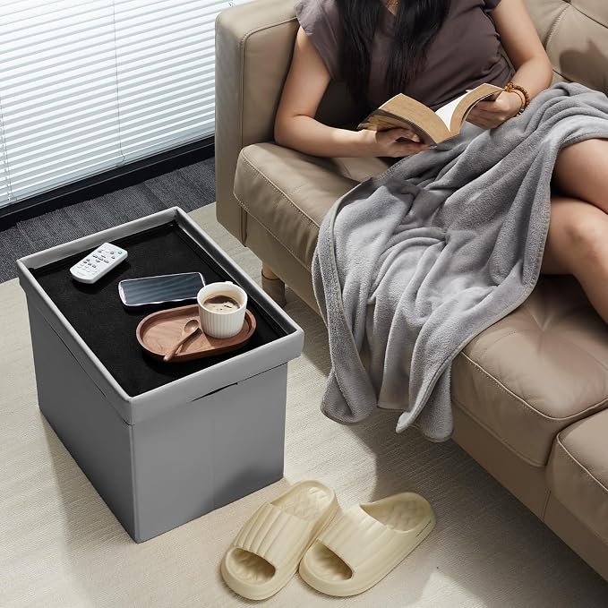 AmasSmile Storage Ottoman Folding Foot Rest Stool, Leather Footstool Bench - Image 2