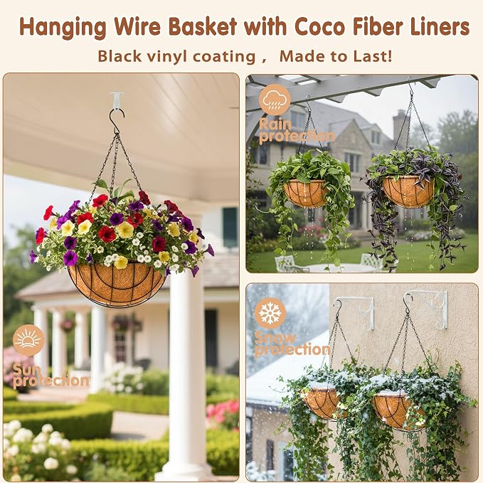 12 inch Metal Hanging Baskets for Plants Outdoor 4 Pack Round Metal Wire - Image 3
