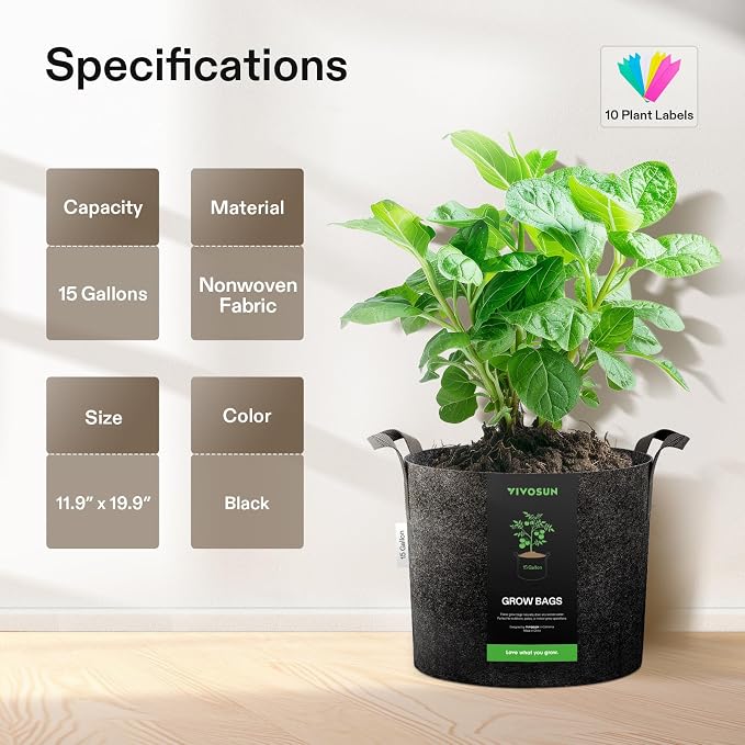 VIVOSUN 5-Pack 15 Gallon Plant Grow Bags, Heavy Duty Thickened Nonwoven Fabric - Image 2