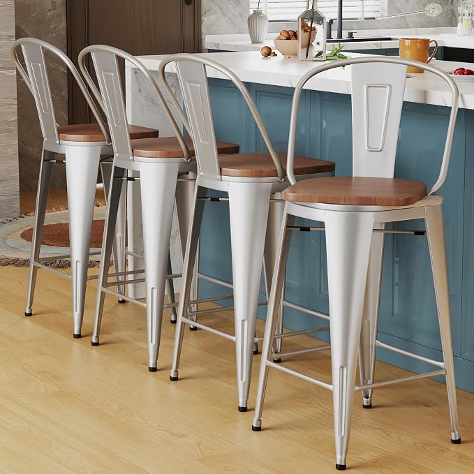 Alunaune 24" Swivel Metal Barstools Set of 4 High Back Counter Height Bar by HomeFurniture