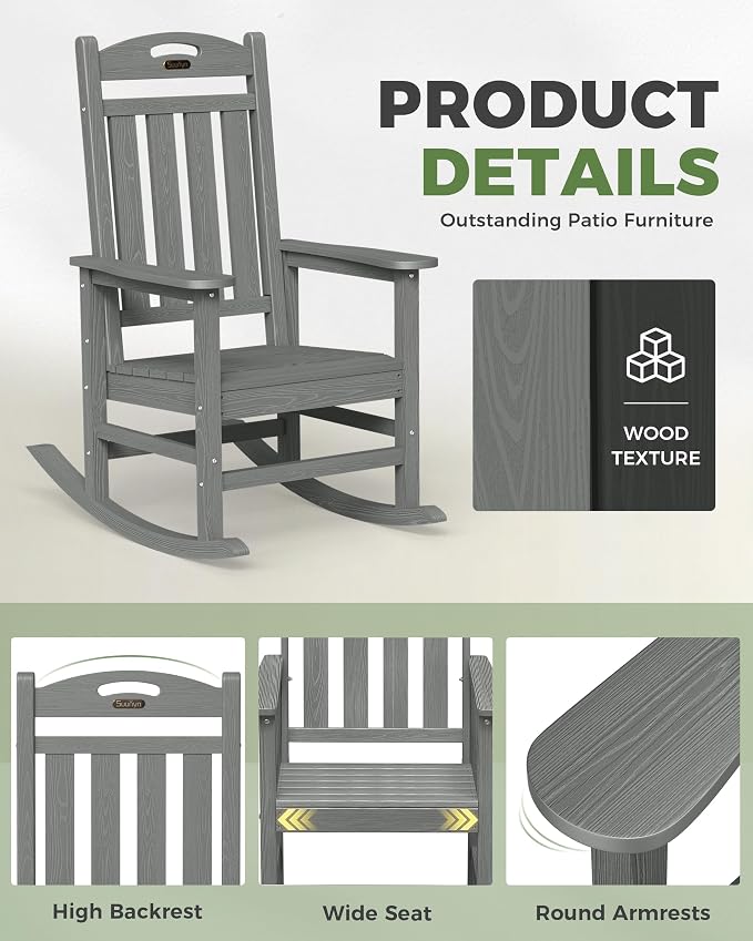 Oversized Outdoor Rocking Chair Set of 4, High Back Porch Rocker Chair - Image 6