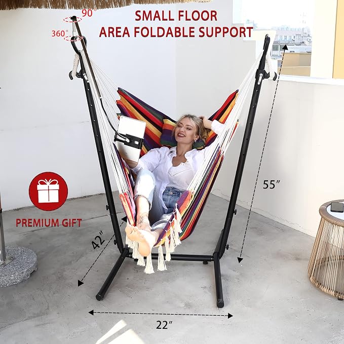 ZEYU Hammock Chair with Stand Double Hammock Chair Bohemian Style with Tassel - Image 4
