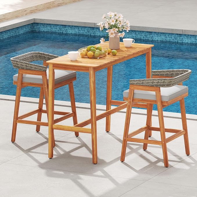 Tangkula 3 Piece Patio Bar Set, Outdoor Acacia Wood Counter Height Table - Image 2