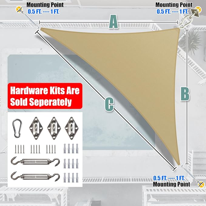 Amgo 10' x 10' x 14' Beige Right Triangle Sun Shade Sail UPF50+ Canopy Awning - Image 7