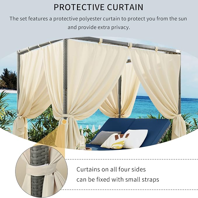Patio Chaise Lounge, Four-sided Canopy, Overhead Curtain and Blue Cushions - Image 3