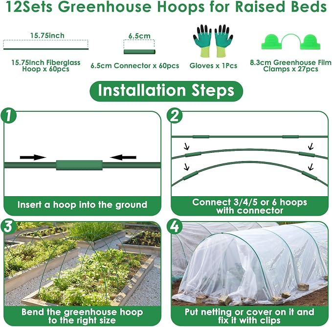 60 Pcs Garden Hoops for Raised Beds, 12 Sets Greenhouse Hoops Grow Tunnel - Image 2