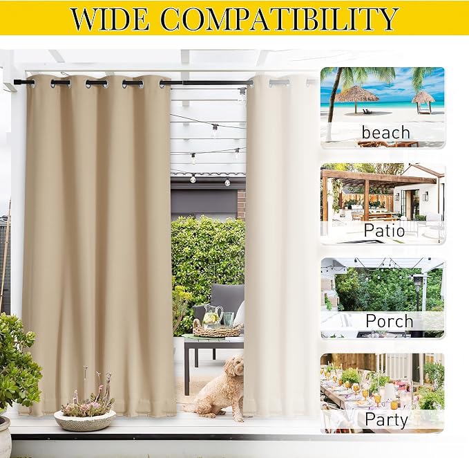 NICETOWN 2 Panels Outdoor Patio Curtains Windproof & Waterproof, Top & Bottom - Image 7