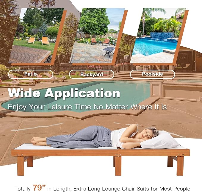 COSTWAY Patio Wood Chaise Lounge Chair, Strong Eucalyptus Wood Frame, - Image 7
