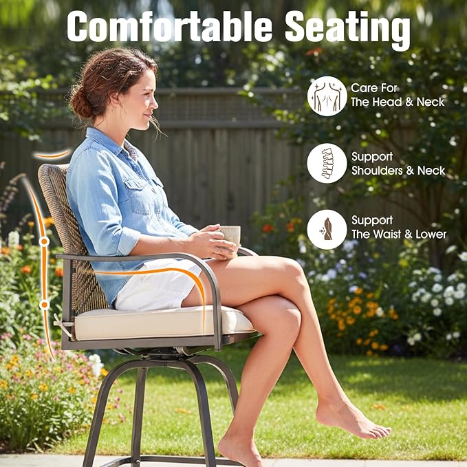Outdoor Bar Stools Set of 6, 360° Swivel Metal Frame, Wicker Patio Bar Height - Image 7