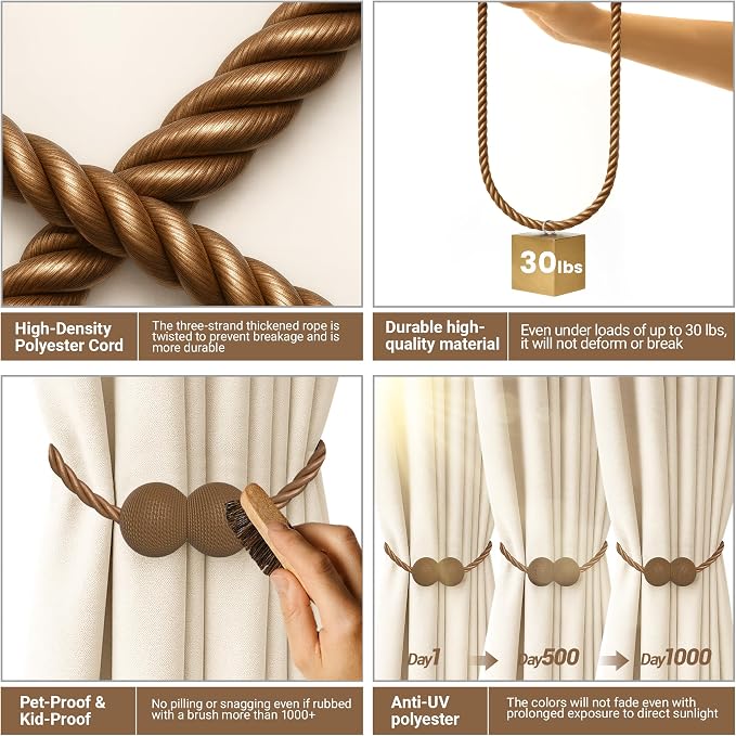 Hion Magnetic Curtain Tiebacks Dark Brown 4 Pack, Curtain Tiebacks Buckles - Image 3