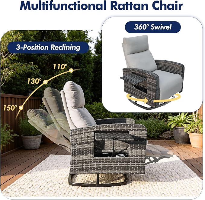 Outdoor Recliner Chair Set of 2, Wicker Patio Recliners - Image 3