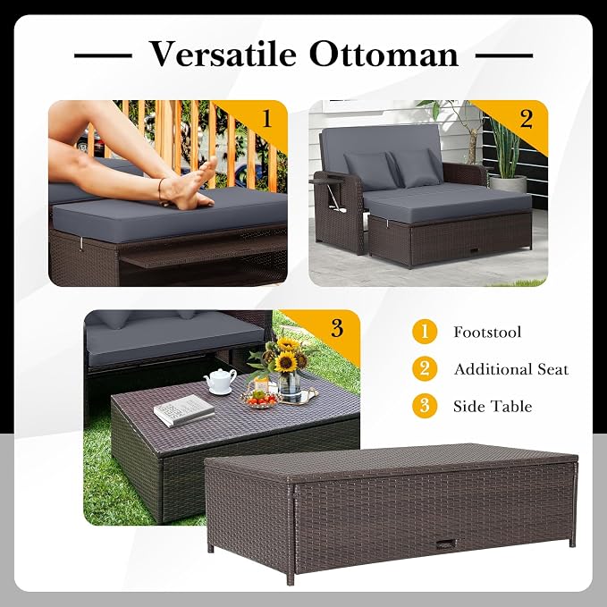 LDAILY Moccha Outdoor Daybed, Wicker Loveseat Sofa Set - Image 5