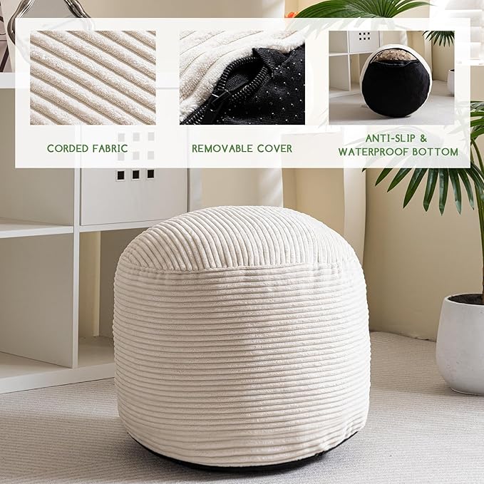 HIGOGOGO Round Stuffed Pouf Ottoman, Corduroy Poufs - Image 3
