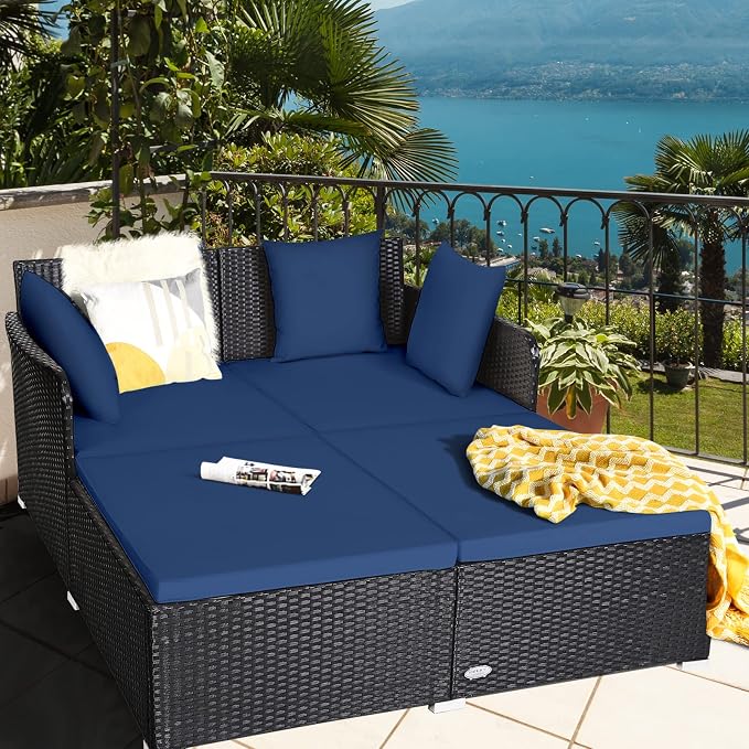 HAPPYGRILL Patio Rattan Daybed Outdoor Loveseat Sofa Set - Image 4