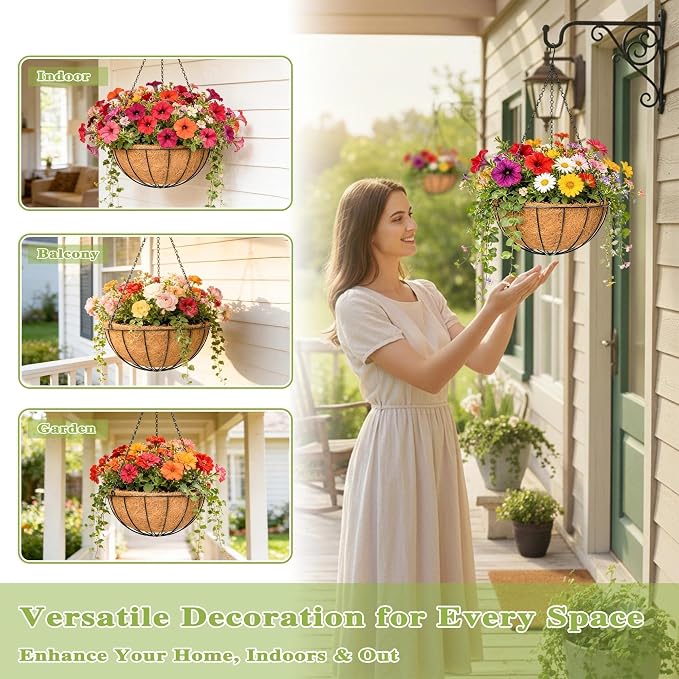 4 Pack 16 Inch Hanging Planters Outdoor Metal Hanging Flower Baskets - Image 2