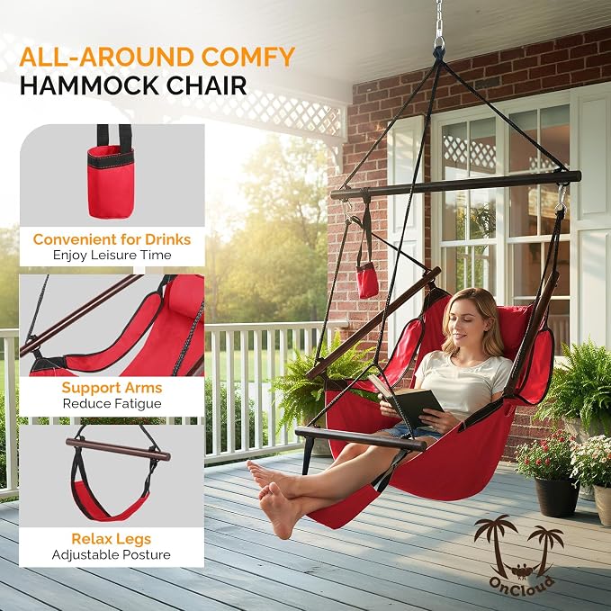ONCLOUD Hammock Chair Hanging Swing Seat Air Deluxe Rope Through Beech Wood Bars - Image 2