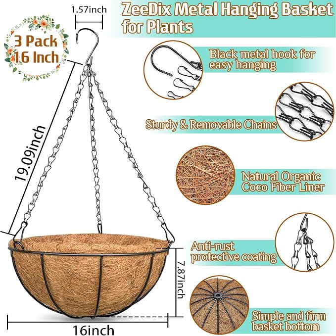 ZeeDix 3 Pack 16 Inch Large Hanging Baskets - Image 2