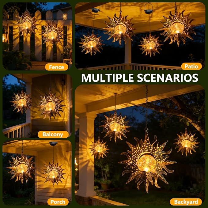 2 Pack Garden Decor Hanging Lanterns Outdoor Waterproof, Solar Lights Metal Sun - Image 3