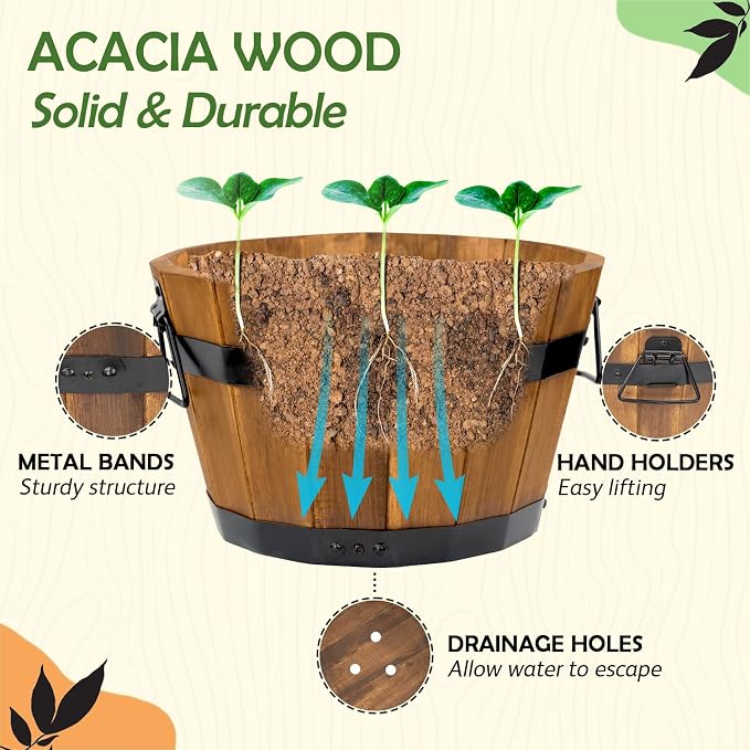 Idzo Set of 3 Wooden Flower Boxes Outdoor, Durable Acacia Wood Barrel Planters - Image 5