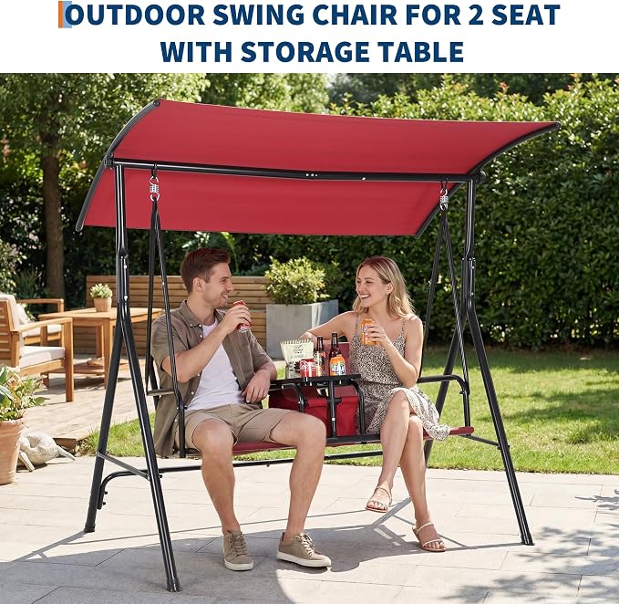 2-Person Porch Swing with Cup Holders, Pivot Storage Table & Cooler Bag - Image 7