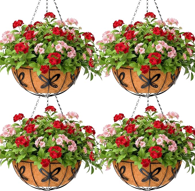 14 inch Metal Hanging Baskets For Plants Outdoor 4 Pack Round Metal Wire by JFFLYIT