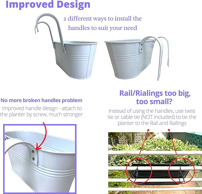 LaLaGreen Outdoor Rail Planter Metal Iron Hanging Flower Pots Deck Railings - Image 3