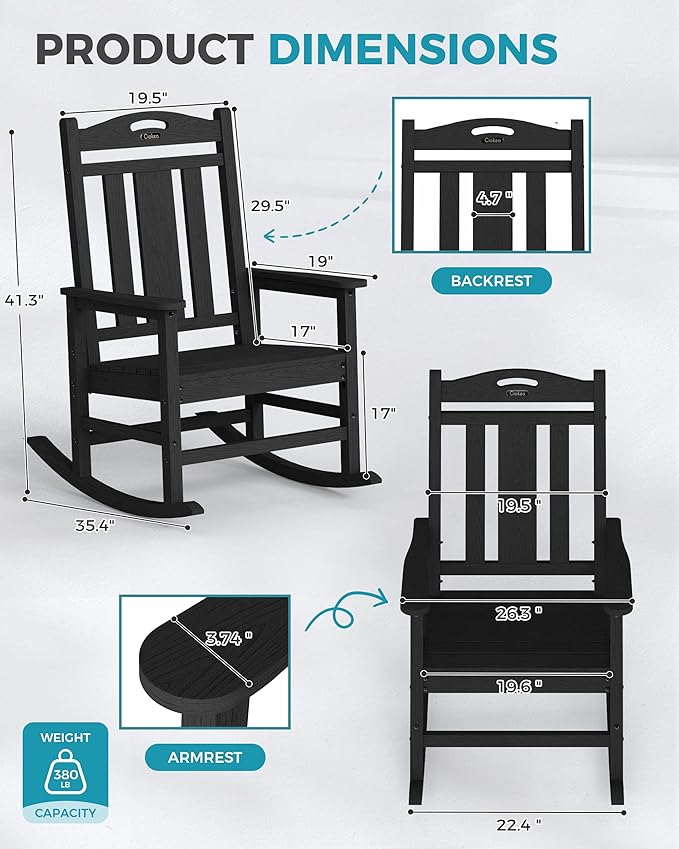 Ciokea Oversized Outdoor Rocking Chairs Set of 3, 380lbs Heavy-Duty Large Patio - Image 3