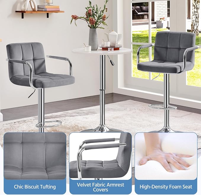 Yaheetech Velvet Bar Stools Set of 4, Adjustable Barstools - Image 7