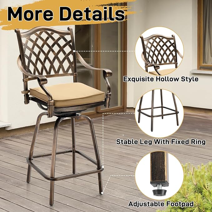 VINGLI 3 Piece Outdoor Patio Bar Set, Cast Aluminum Outdoor Swivel Bar Stools - Image 3