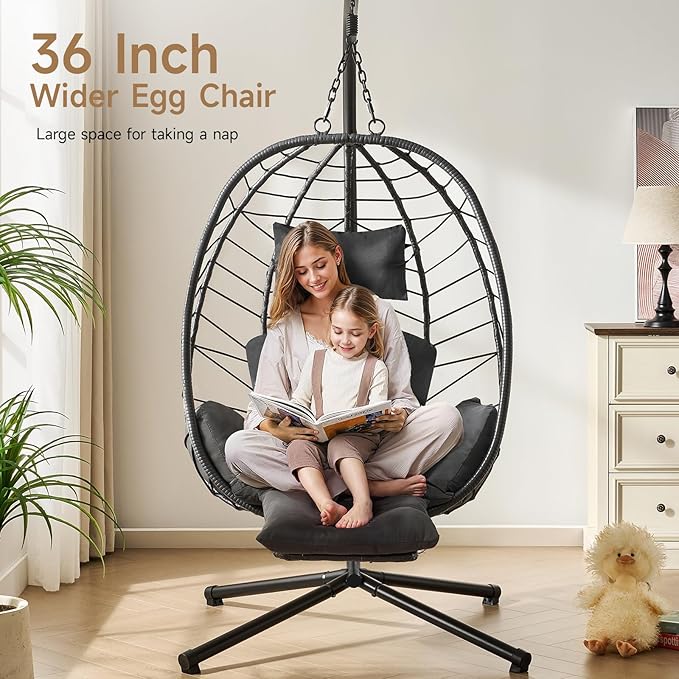 ONBRILL Hanging Egg Chair with Adjustable Footrest & Stand, Wicker Rattan Swing - Image 4