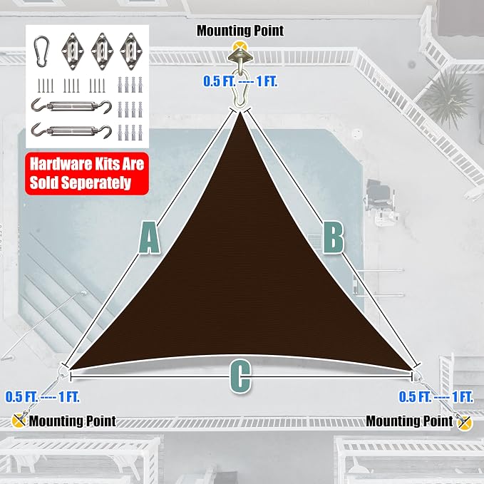 Amgo Custom Size 27' x 27' x 27' Brown Triangle Sun Shade Sail UPF50+ AGTAPRT12 - Image 8