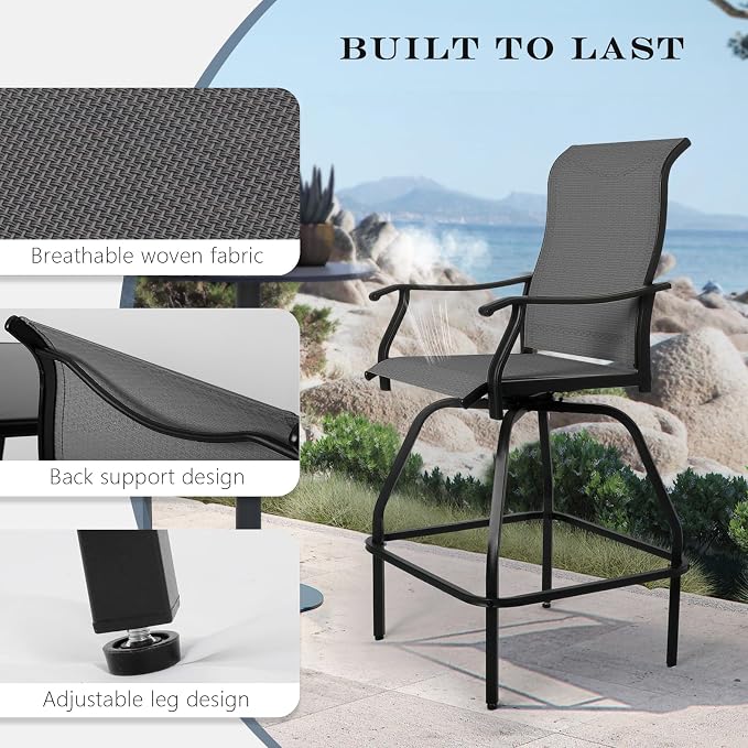LEVELEVE Patio Bar Set 2pcs Swivel Bar Stools Outdoor Bistro Textilene - Image 5