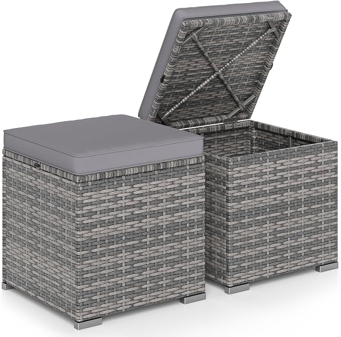 Tangkula 2 Pieces Patio Ottomans, Patiojoy Hand-Woven PE Rattan Side Table by TANGKULA