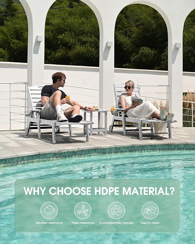 Lounge Chair Outdoor Set of 2, HDPE Chaise Lounge Outdoor, Pool Lounge Chair - Image 6