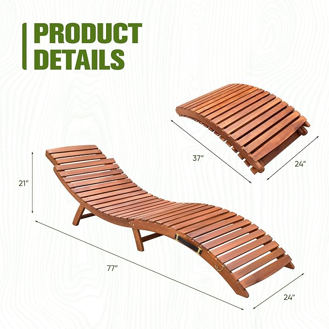 Devoko Patio Chaise Pool Lounge Outdoor Folding Wooden Lounge Chair - Image 2