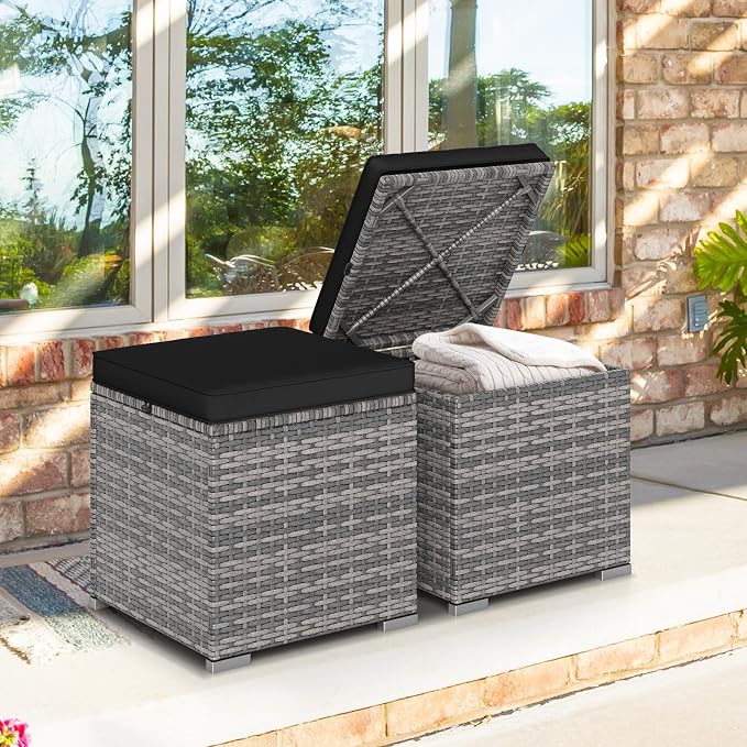 Tangkula 2 Pieces Patio Ottomans, Patiojoy Hand-Woven PE Rattan Side Table - Image 2