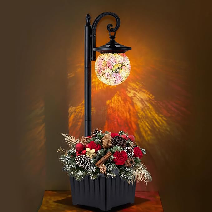 Solar Lamp Post Light with Planter, Matte Black Outdoor Flower Pots with Mosaic by YonaveilLighting