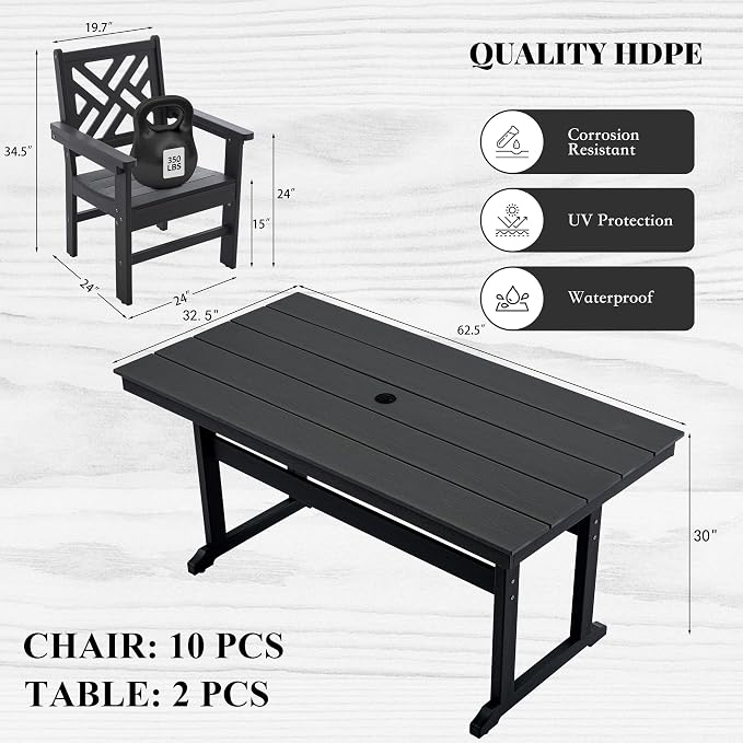HDPE Dining Table Set for 10, 12-Piece Outdoor Table and Chairs Include 10 - Image 2