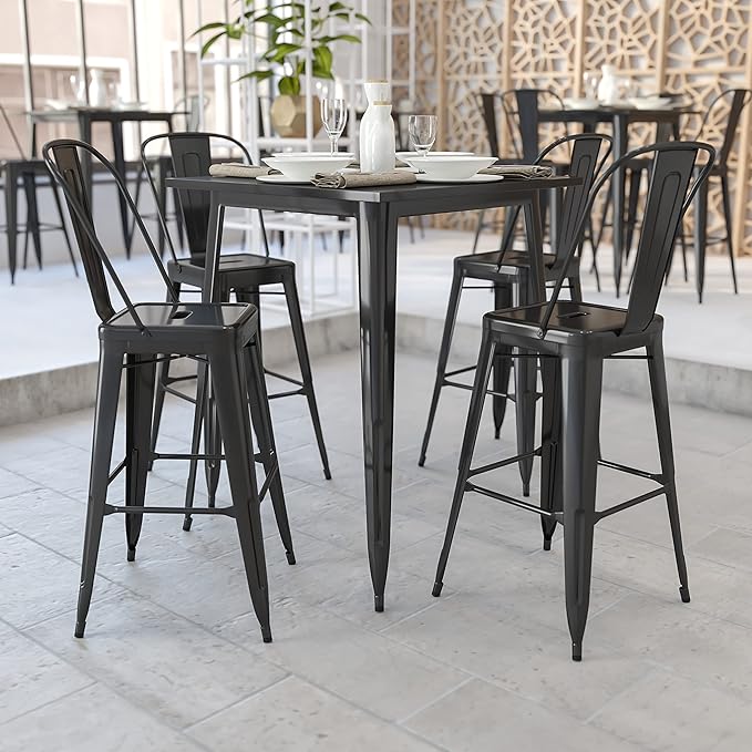 EMMA + OLIVER Commercial Grade 31.5" Square Black Metal Indoor-Outdoor Bar by EMMAOLIVER