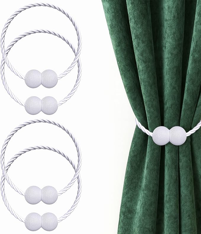 Hion Magnetic Curtain Tiebacks White 4 Pack, Curtain Tiebacks Buckles Holdbacks by Hion