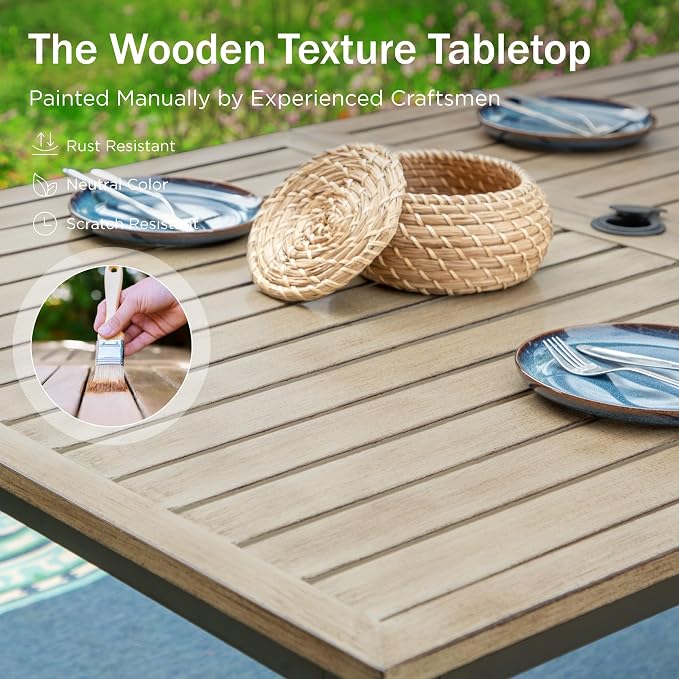 PHI VILLA Outdoor Dining Set for 6 Person, Wooden Texture Metal Table - Image 7
