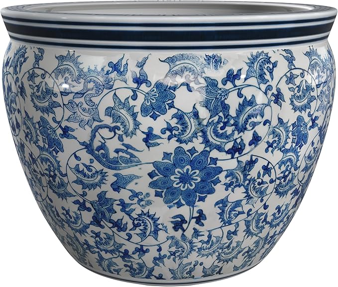 Red Lantern Large 22" Porcelain Fishbowl Blue & White Floral Planter by RedLantern