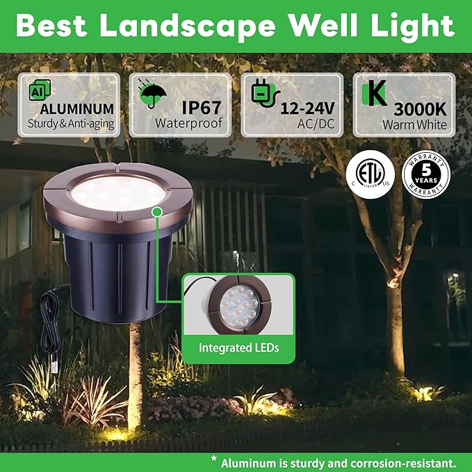 LED Well Light, In Ground Landscape Lights Low Voltage Outdoor, 12V IP67 - Image 2