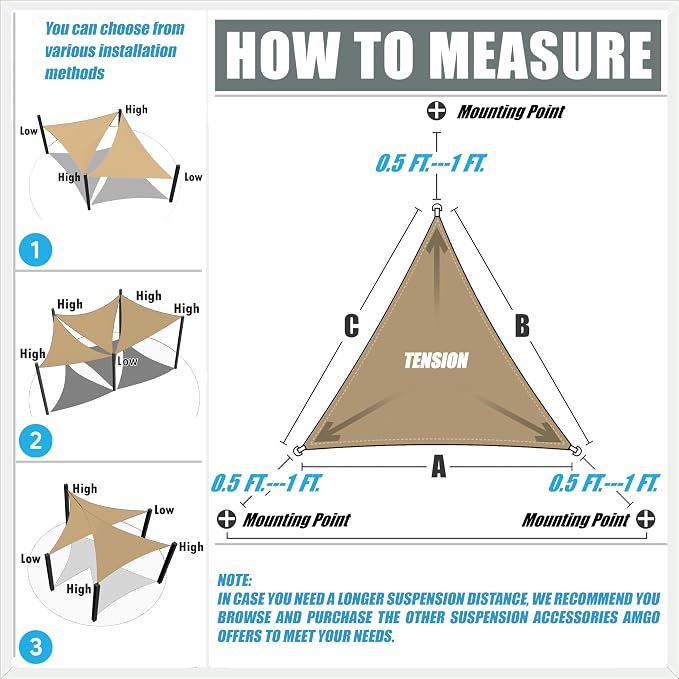 Amgo Custom Size 8' x 16' x 17.9' Blue Right Triangle Sun Shade Sail UPF50+ - Image 2
